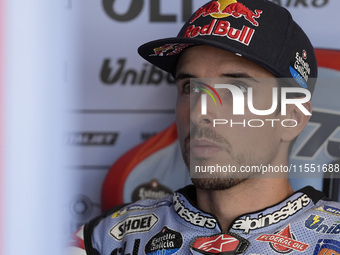 Alex Marquez of Spain and Gresini Racing MotoGP looks on at the box during Free Practice of MotoGP of San Marino at Misano World Circuit in...