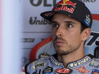 Alex Marquez of Spain and Gresini Racing MotoGP looks on at the box during Free Practice of MotoGP of San Marino at Misano World Circuit in...