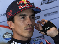 Marc Marquez of Spain and Gresini Racing MotoGP looks on at the box during Free Practice of MotoGP of San Marino at Misano World Circuit in...