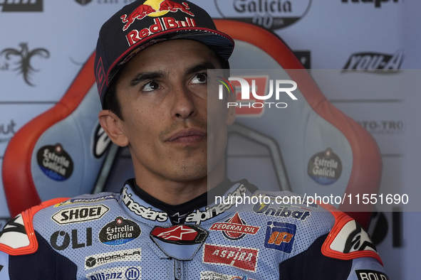 Marc Marquez of Spain and Gresini Racing MotoGP looks on at the box during Free Practice of MotoGP of San Marino at Misano World Circuit in...