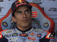 Marc Marquez of Spain and Gresini Racing MotoGP looks on at the box during Free Practice of MotoGP of San Marino at Misano World Circuit in...