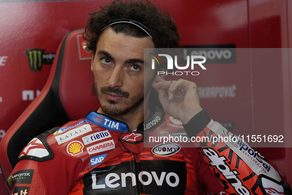 Francesco Bagnaia of Italy and Ducati Lenovo Team looks on at the box during Free Practice of MotoGP of San Marino at Misano World Circuit i...