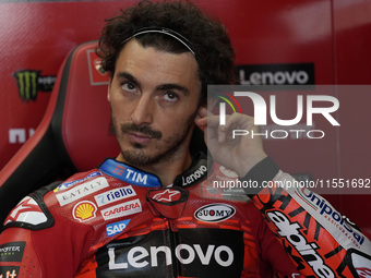 Francesco Bagnaia of Italy and Ducati Lenovo Team looks on at the box during Free Practice of MotoGP of San Marino at Misano World Circuit i...