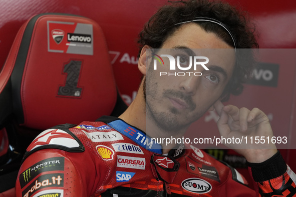 Francesco Bagnaia of Italy and Ducati Lenovo Team looks on at the box during Free Practice of MotoGP of San Marino at Misano World Circuit i...