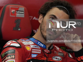 Francesco Bagnaia of Italy and Ducati Lenovo Team looks on at the box during Free Practice of MotoGP of San Marino at Misano World Circuit i...