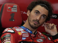 Francesco Bagnaia of Italy and Ducati Lenovo Team looks on at the box during Free Practice of MotoGP of San Marino at Misano World Circuit i...