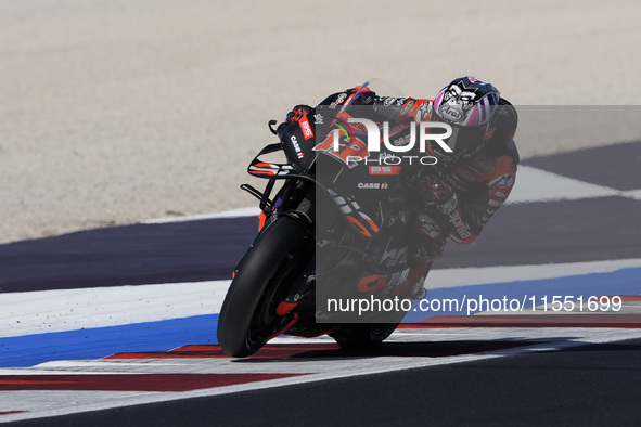 Maverick Vinales of Spain and Aprilia Racing rides on track during Free Practice of MotoGP of San Marino at Misano World Circuit in Misano A...