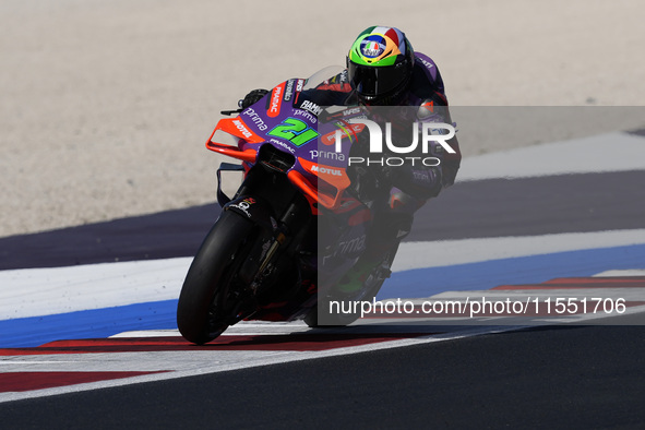 Franco Morbidelli of Italy and Prima Pramac Racing rides on track during Free Practice of MotoGP of San Marino at Misano World Circuit in Mi...