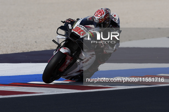 Takaaki Nakagami of Japan and LCR Honda rides on track during Free Practice of MotoGP Of San Marino at Misano World Circuit in Misano Adriat...