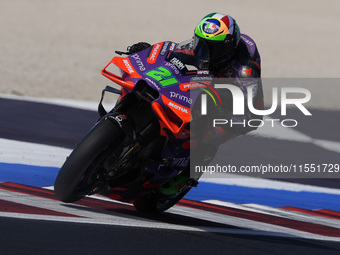 Franco Morbidelli of Italy and Prima Pramac Racing rides on track during Free Practice of MotoGP of San Marino at Misano World Circuit in Mi...