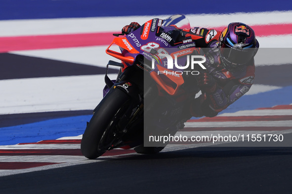 Jorge Martin of Spain and Prima Pramac Racing rides on track during Free Practice of MotoGP Of San Marino at Misano World Circuit in Misano...