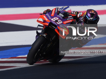 Jorge Martin of Spain and Prima Pramac Racing rides on track during Free Practice of MotoGP Of San Marino at Misano World Circuit in Misano...