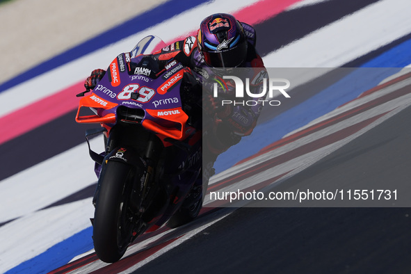 Jorge Martin of Spain and Prima Pramac Racing rides on track during Free Practice of MotoGP Of San Marino at Misano World Circuit in Misano...