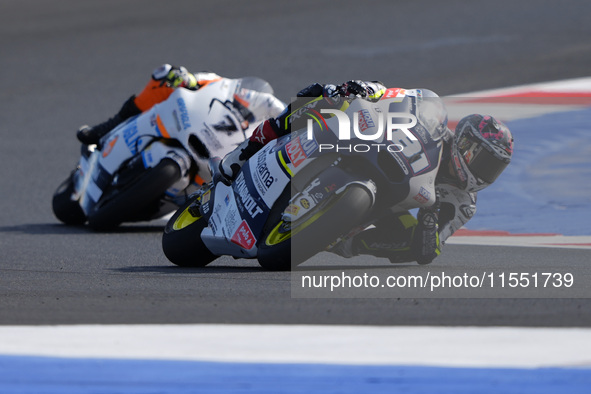 Senna Agius of Australia and Liqui Moly Husqvarna Intact GP rides on track during Moto2 Free Practice of MotoGP Of San Marino at Misano Worl...