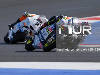 Senna Agius of Australia and Liqui Moly Husqvarna Intact GP rides on track during Moto2 Free Practice of MotoGP Of San Marino at Misano Worl...