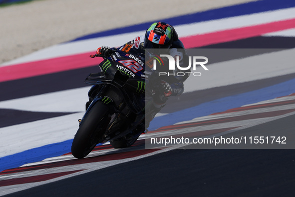 Alex Rins of Spain and Monster Energy Yamaha MotoGP rides on track during Free Practice of MotoGP Of San Marino at Misano World Circuit in M...