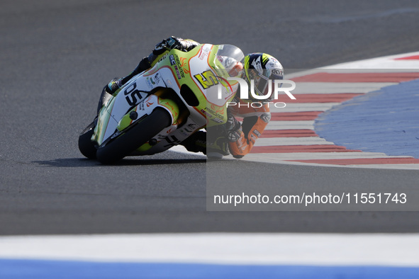 Jaume Masia of Spain and Preicanos Racing Team rides on track during Moto2 Free Practice of MotoGP Of San Marino at Misano World Circuit in...