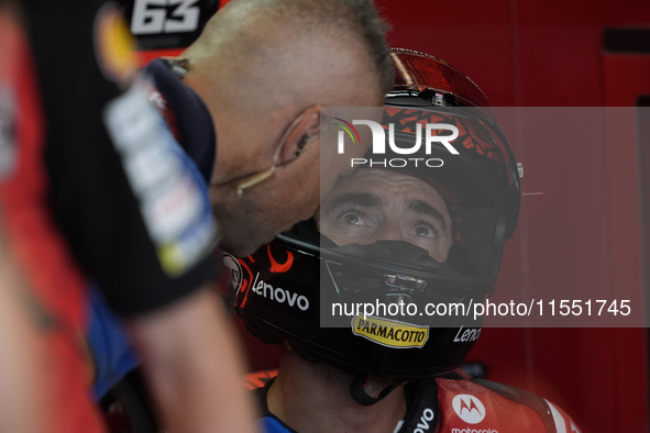 Francesco Bagnaia of Italy and Ducati Lenovo Team looks on at the box during Free Practice of MotoGP of San Marino at Misano World Circuit i...