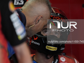 Francesco Bagnaia of Italy and Ducati Lenovo Team looks on at the box during Free Practice of MotoGP of San Marino at Misano World Circuit i...