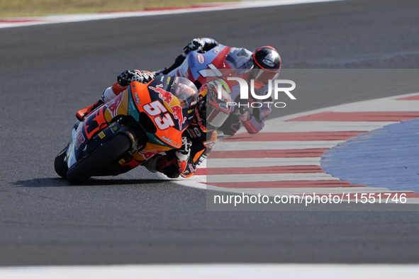 Deniz Oncu of Turkey and Red Bull KTM Ajo rides on track during Moto2 Free Practice of MotoGP Of San Marino at Misano World Circuit in Misan...