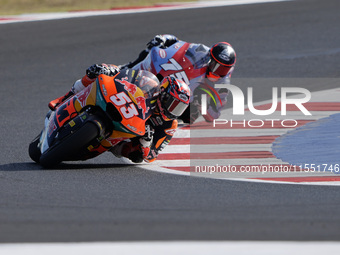 Deniz Oncu of Turkey and Red Bull KTM Ajo rides on track during Moto2 Free Practice of MotoGP Of San Marino at Misano World Circuit in Misan...