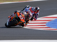 Deniz Oncu of Turkey and Red Bull KTM Ajo rides on track during Moto2 Free Practice of MotoGP Of San Marino at Misano World Circuit in Misan...