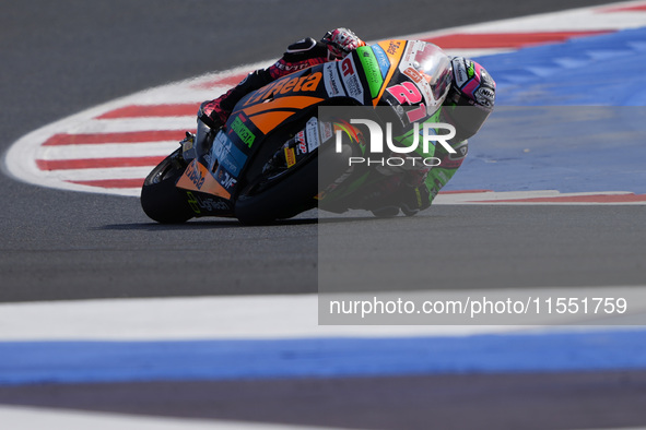 Alonso Lopez of Spain and SpeedUp Racing rides on track during Moto2 Free Practice of MotoGP Of San Marino at Misano World Circuit in Misano...