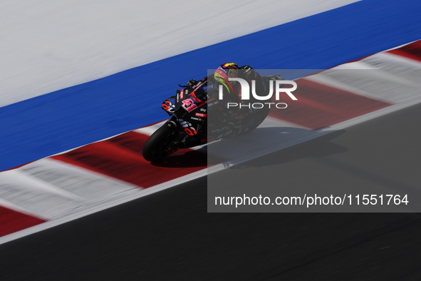 Aleix Espargaro of Spain and Aprilia Racing rides on track during Free Practice of MotoGP of San Marino at Misano World Circuit in Misano Ad...