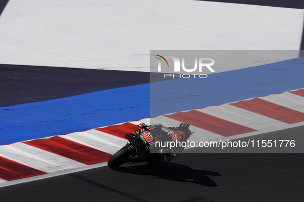 Fabio Quartararo of France and Monster Energy Yamaha MotoGP rides on track during Free Practice of MotoGP of San Marino at Misano World Circ...