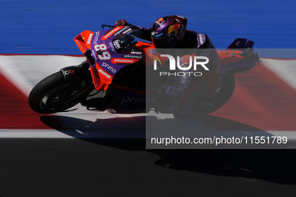 Jorge Martin of Spain and Prima Pramac Racing rides on track during Free Practice of MotoGP Of San Marino at Misano World Circuit in Misano...