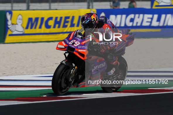 Jorge Martin of Spain and Prima Pramac Racing rides on track during Free Practice of MotoGP Of San Marino at Misano World Circuit in Misano...