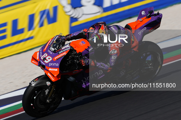 Jorge Martin of Spain and Prima Pramac Racing rides on track during Free Practice of MotoGP Of San Marino at Misano World Circuit in Misano...