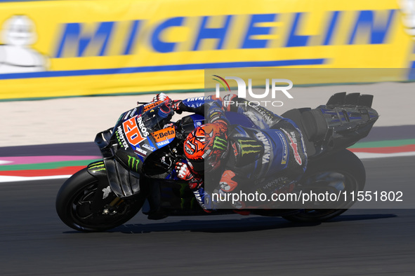 Fabio Quartararo of France and Monster Energy Yamaha MotoGP rides on track during Free Practice of MotoGP of San Marino at Misano World Circ...