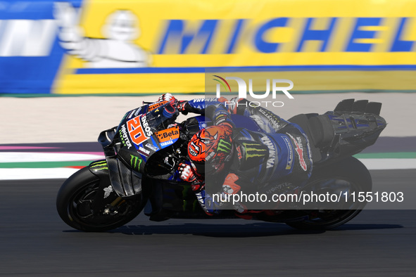 Fabio Quartararo of France and Monster Energy Yamaha MotoGP rides on track during Free Practice of MotoGP of San Marino at Misano World Circ...