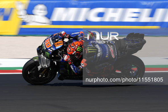 Fabio Quartararo of France and Monster Energy Yamaha MotoGP rides on track during Free Practice of MotoGP of San Marino at Misano World Circ...