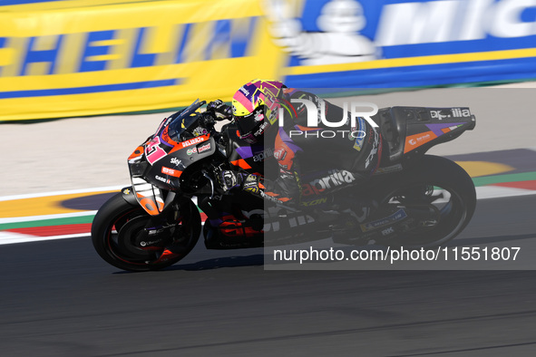 Aleix Espargaro of Spain and Aprilia Racing rides on track during Free Practice of MotoGP of San Marino at Misano World Circuit in Misano Ad...