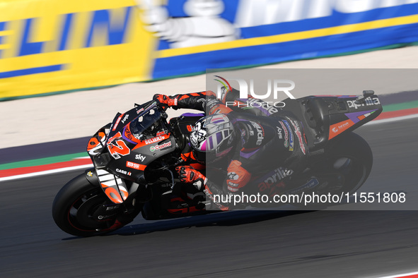 Maverick Vinales of Spain and Aprilia Racing rides on track during Free Practice of MotoGP of San Marino at Misano World Circuit in Misano A...