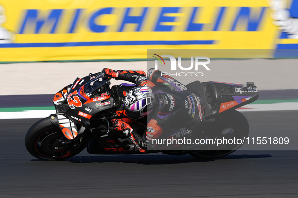 Maverick Vinales of Spain and Aprilia Racing rides on track during Free Practice of MotoGP of San Marino at Misano World Circuit in Misano A...