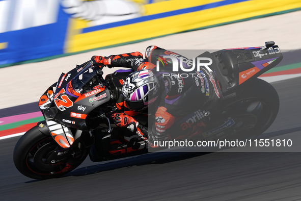 Maverick Vinales of Spain and Aprilia Racing rides on track during Free Practice of MotoGP of San Marino at Misano World Circuit in Misano A...