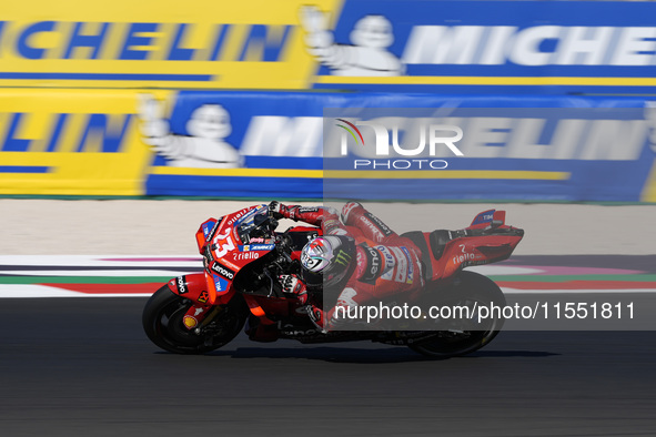 Enea Bastianini of Italy and Ducati Lenovo Team rides on track during Free Practice of MotoGP of San Marino at Misano World Circuit in Misan...