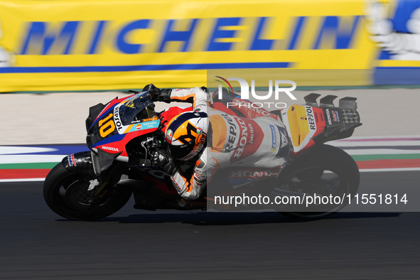 Luca Marini of Italy and Repsol Honda Team rides on track during Free Practice of MotoGP of San Marino at Misano World Circuit in Misano Adr...