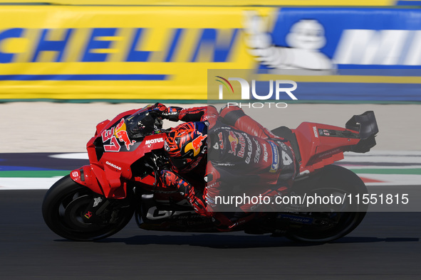 Augusto Fernandez of Spain and Red Bull GASGAS Tech3 rides on track during Free Practice of MotoGP of San Marino at Misano World Circuit in...