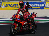 Francesco Bagnaia of Italy and Ducati Lenovo Team greets the fans during Free Practice of MotoGP of San Marino at Misano World Circuit in Mi...