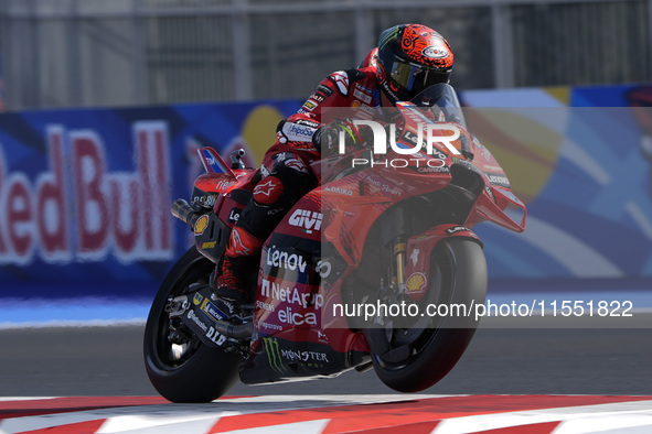 Francesco Bagnaia of Italy and Ducati Lenovo Team participates in Free Practice of MotoGP of San Marino at Misano World Circuit in Misano Ad...