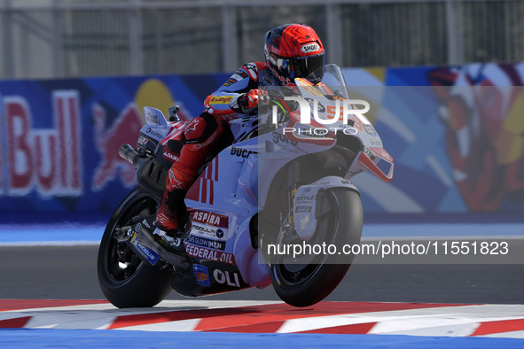 Marc Marquez of Spain and Gresini Racing MotoGP rides on track during Free Practice of MotoGP Of San Marino at Misano World Circuit in Misan...