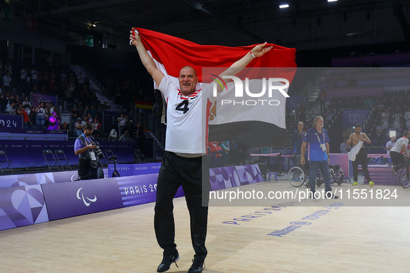 Ashraf Zaghloul of Team Egypt celebrates after winning the Men's Sitting Volleyball Bronze Medal Match on day nine of the Paris 2024 Summer...