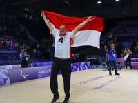 Ashraf Zaghloul of Team Egypt celebrates after winning the Men's Sitting Volleyball Bronze Medal Match on day nine of the Paris 2024 Summer...