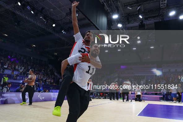 Athletes of Team Egypt celebrate after winning the Men's Sitting Volleyball Bronze Medal Match on day nine of the Paris 2024 Summer Paralymp...