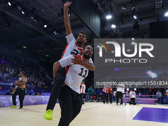 Athletes of Team Egypt celebrate after winning the Men's Sitting Volleyball Bronze Medal Match on day nine of the Paris 2024 Summer Paralymp...