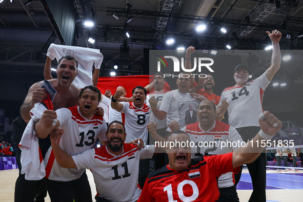 Athletes of Team Egypt celebrate after winning the Men's Sitting Volleyball Bronze Medal Match on day nine of the Paris 2024 Summer Paralymp...